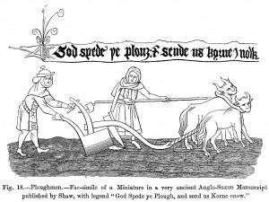 A farmer ploughing the land with a medieval plough in an Anglo-Saxon manuscript.