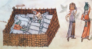 Sheep in pen in the Luttrell Psalter manuscript, c.1325-1335.