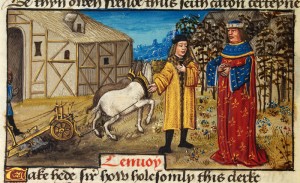 A farmhouse and a farmer ploughing in the background to a scene in 'The Battles of Alexander the Great', Peniarth MS 481D, f.8v (Digital Mirror).