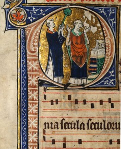 A priest with a deacon celebrating Mass in an illustartion in the Sherbrooke Missal (NLW MS 15536E, f.233v.a), c.1310 - c.1320 (Digital Mirror).