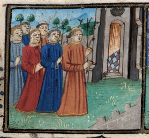 An ecclesiastical procession to show the month of April in a calendar in the 'De Grey Book of Hours', NLW MS 15537C, f.4 (Digital Mirror).