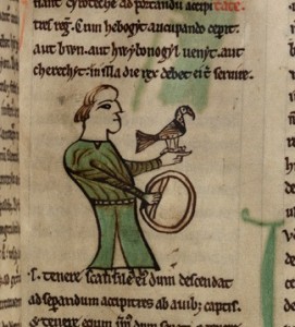 A falconer with his bird yn Peniarth MS 28, f.9r, the Law of Hywel Dda (Digital Mirror).