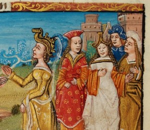 The extreme head-dresses of women in the 15th century in 'The Battle of Alexander the Great' Peniarth MS 481D, f.66v (Digital Mirror).