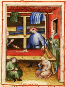 Craftmen making woollen clothing in the mansucript 'Tacuinum Sanitatis'.