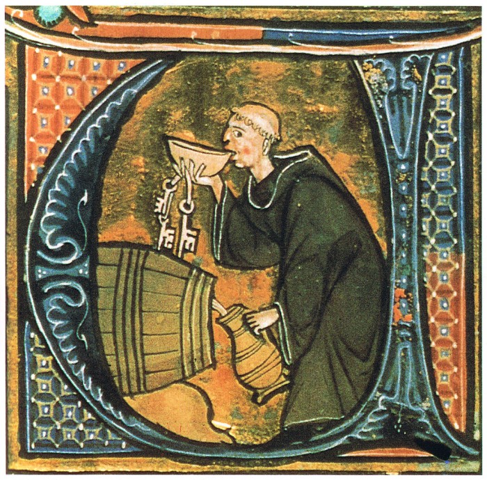 A monk drinking from a barrel