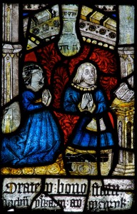 Meurig ap Llywelyn and his family in a detail from a stained-glass window at Llangadwaladr Church, Anglesey. The glass on this part of the window dates to the end of the fifteenth century.